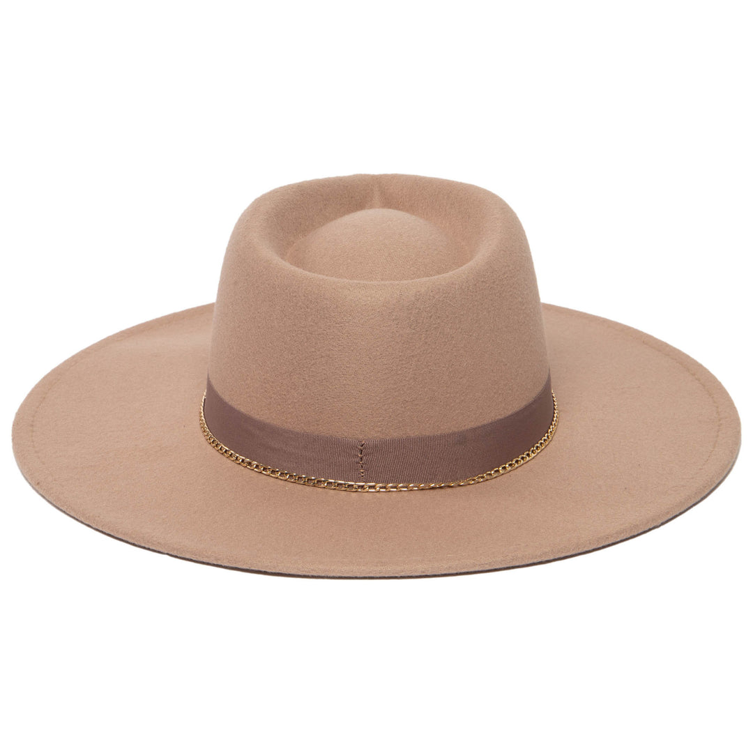 Mia - Faux Felt Fedora with Pinch Crown and Gold Trim Band (CTH9077)