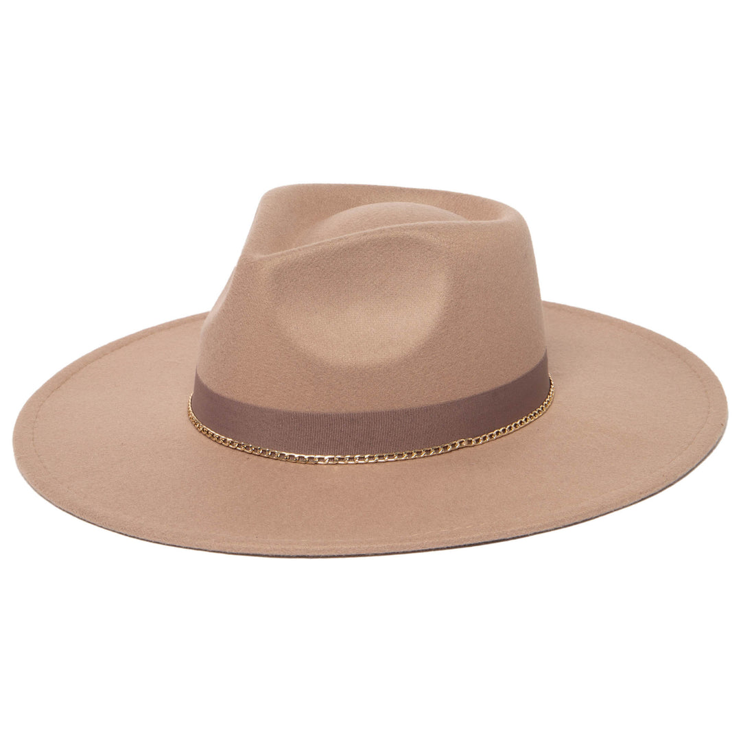 Mia - Faux Felt Fedora with Pinch Crown and Gold Trim Band (CTH9077)
