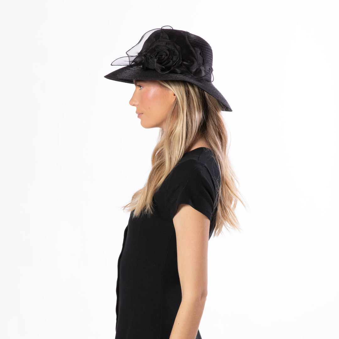Polyester Braid Round Crown With Organza Band And Rosette Detail-DRESSY-San Diego Hat Company