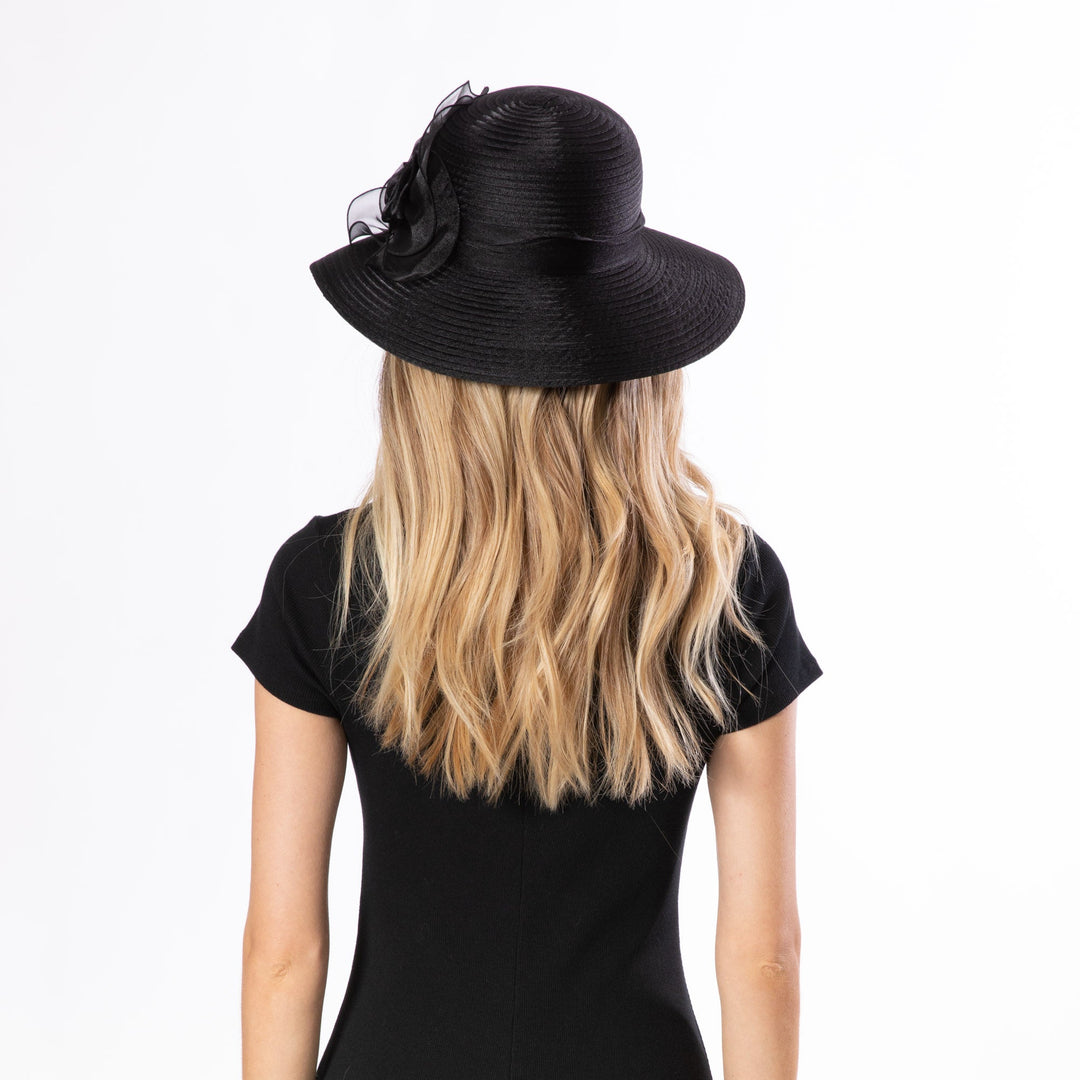 Polyester Braid Round Crown With Organza Band And Rosette Detail-DRESSY-San Diego Hat Company