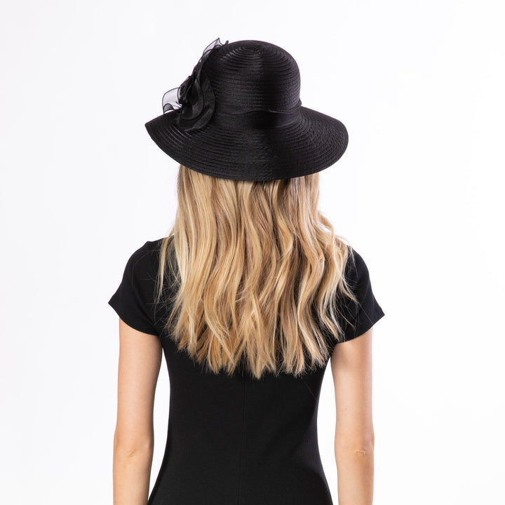 Polyester Braid Round Crown With Organza Band And Rosette Detail-DRESSY-San Diego Hat Company