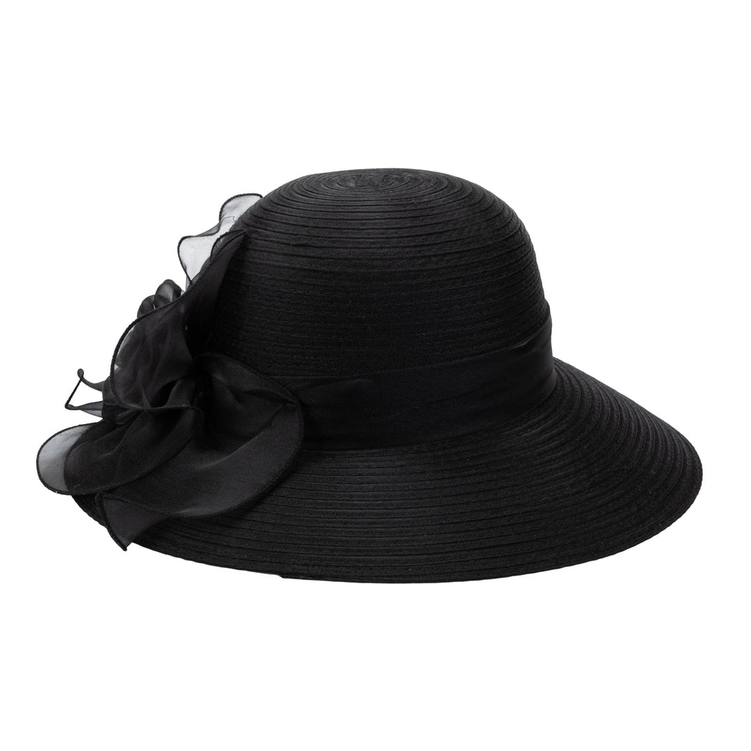 Polyester Braid Round Crown With Organza Band And Rosette Detail-DRESSY-San Diego Hat Company