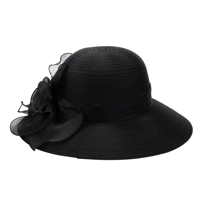 Polyester Braid Round Crown With Organza Band And Rosette Detail-DRESSY-San Diego Hat Company