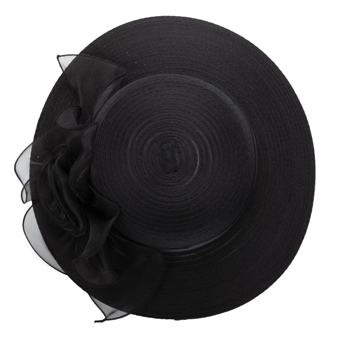 Polyester Braid Round Crown With Organza Band And Rosette Detail-DRESSY-San Diego Hat Company