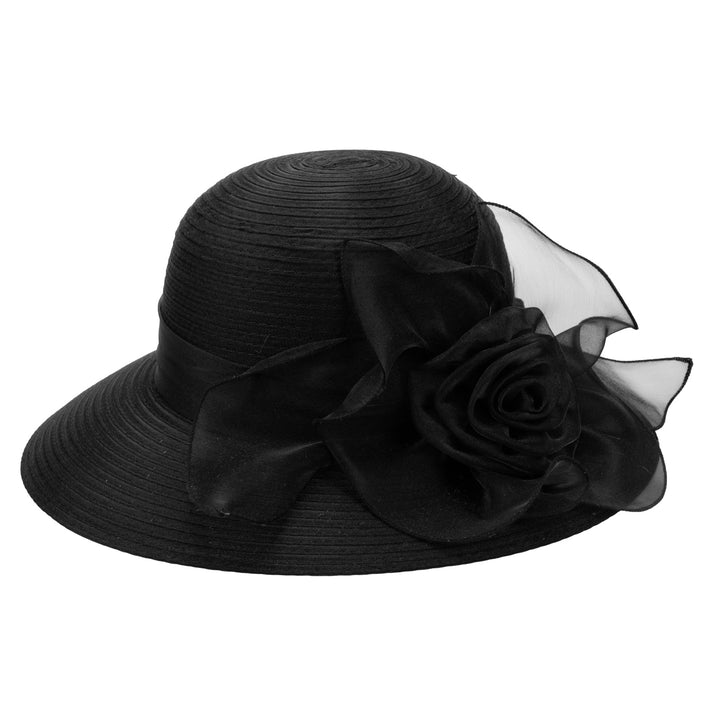 Polyester Braid Round Crown With Organza Band And Rosette Detail-DRESSY-San Diego Hat Company