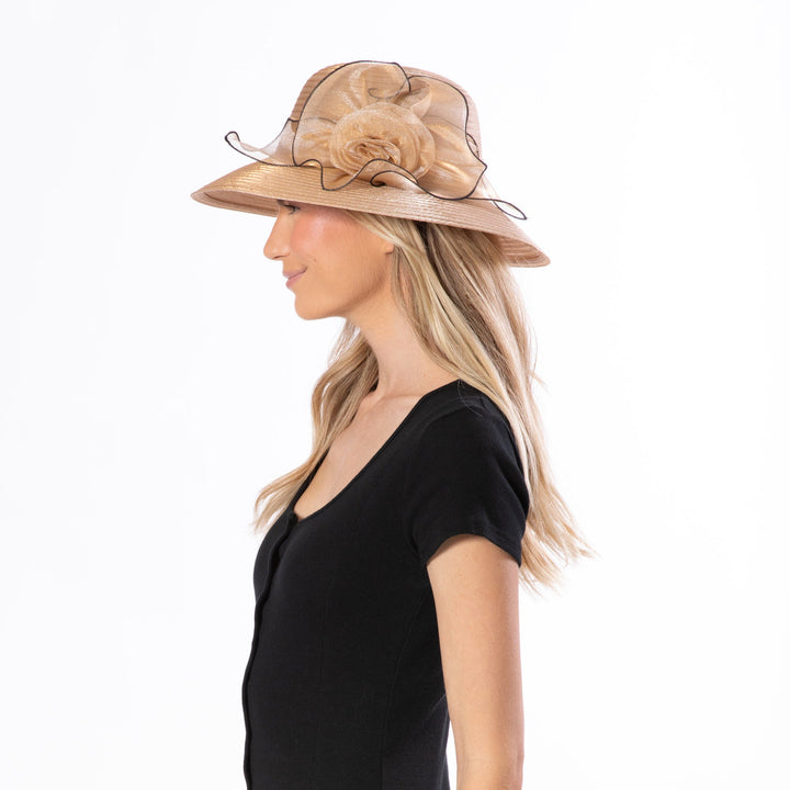 Polyester Braid Round Crown With Organza Band And Rosette Detail-DRESSY-San Diego Hat Company