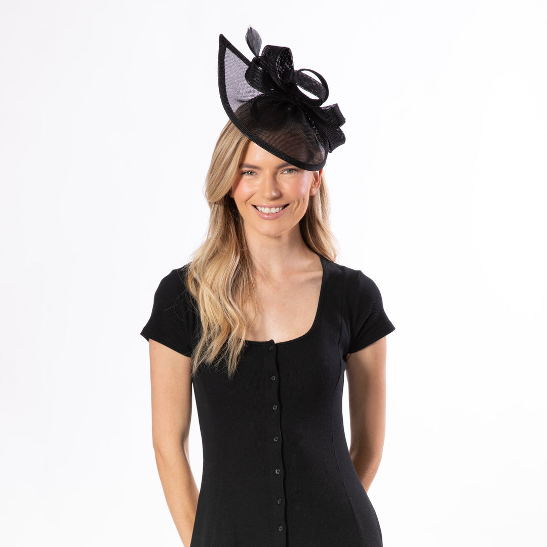 Woven Stiff Paper Fascinator With Self Bow And Feather Details-DRESSY-San Diego Hat Company