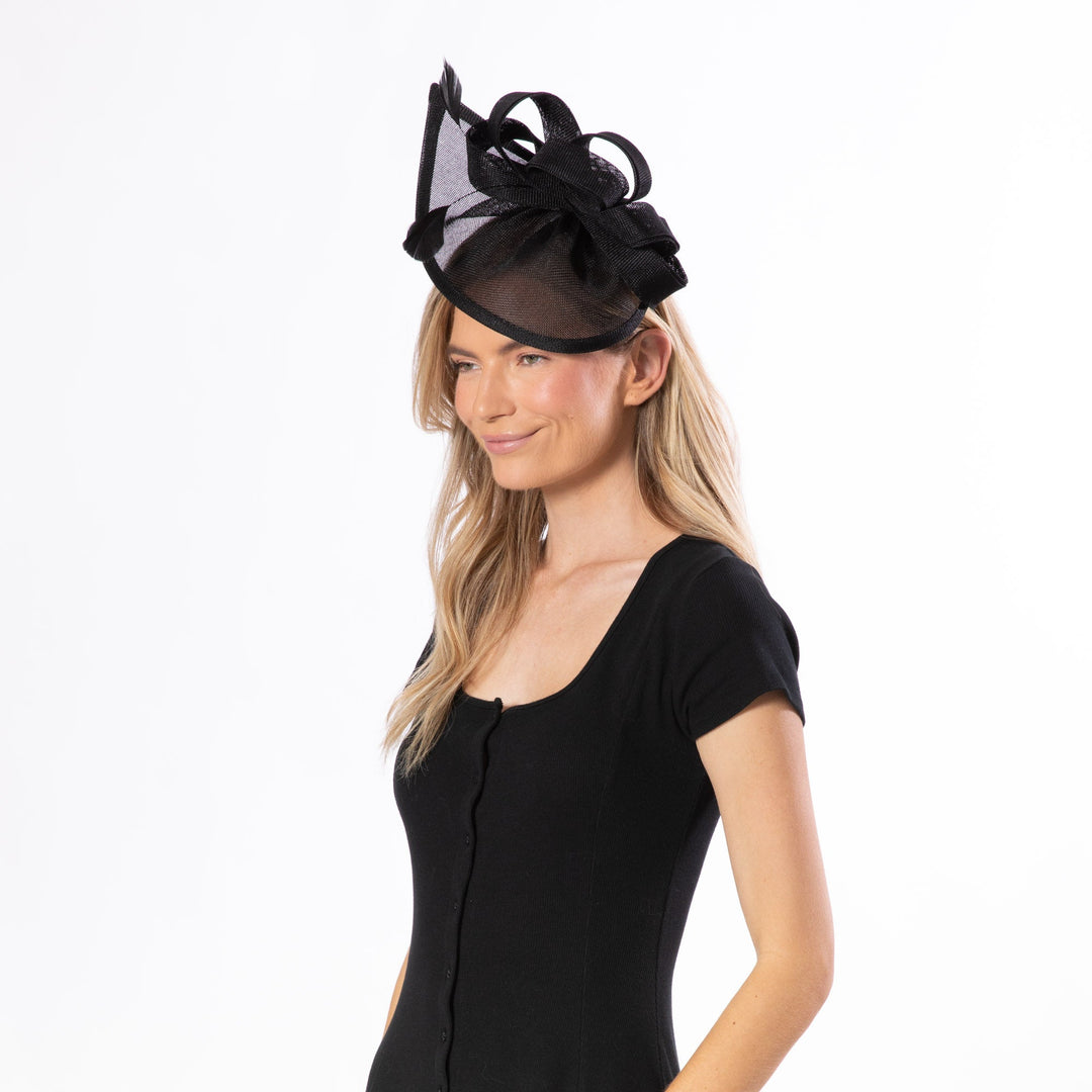 Woven Stiff Paper Fascinator With Self Bow And Feather Details-DRESSY-San Diego Hat Company