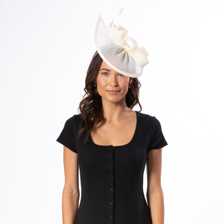Woven Stiff Paper Fascinator With Self Bow And Feather Details-DRESSY-San Diego Hat Company