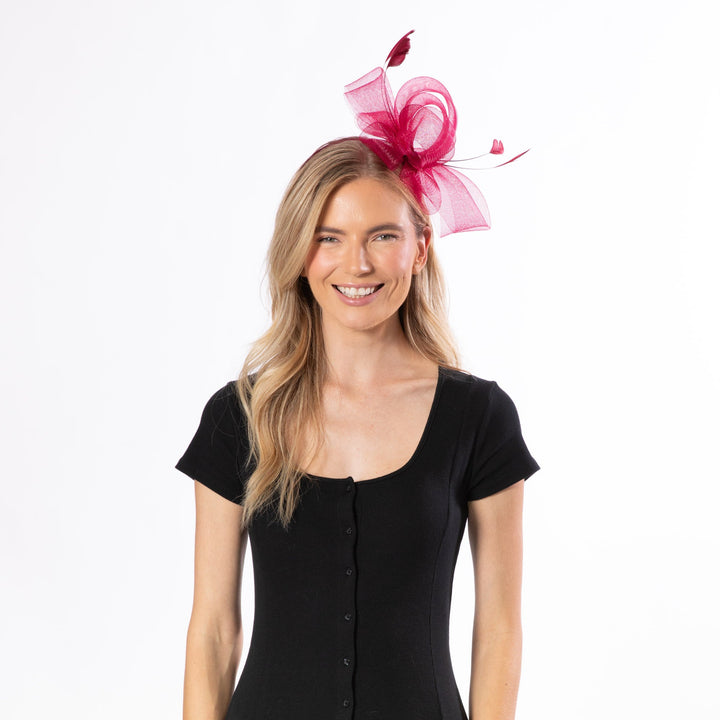 Woven Mesh Fascinator With Self Bow And Tonal Feather Details-DRESSY-San Diego Hat Company