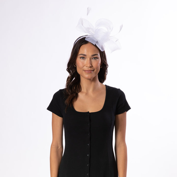 Woven Mesh Fascinator With Self Bow And Tonal Feather Details-DRESSY-San Diego Hat Company