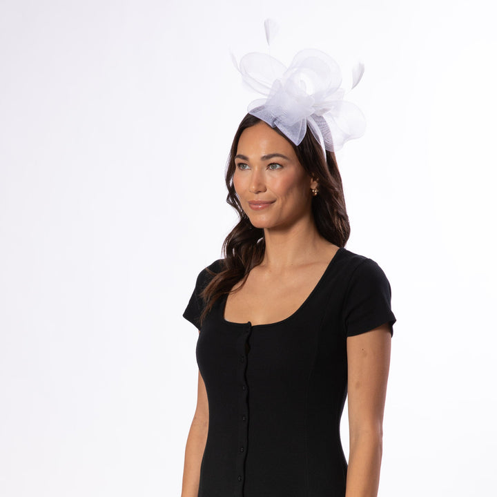 Woven Mesh Fascinator With Self Bow And Tonal Feather Details-DRESSY-San Diego Hat Company
