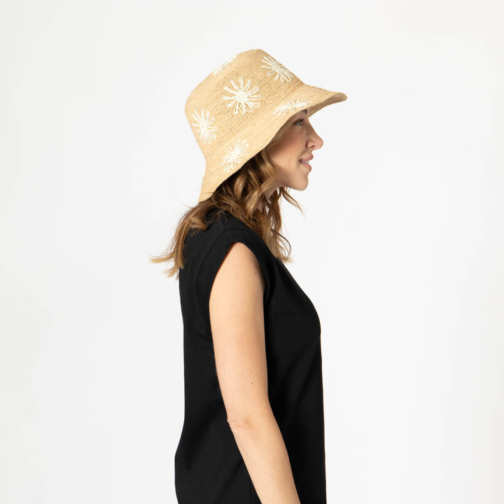 Sol - Crochet Raffia Bucket with Embroidered Flowers