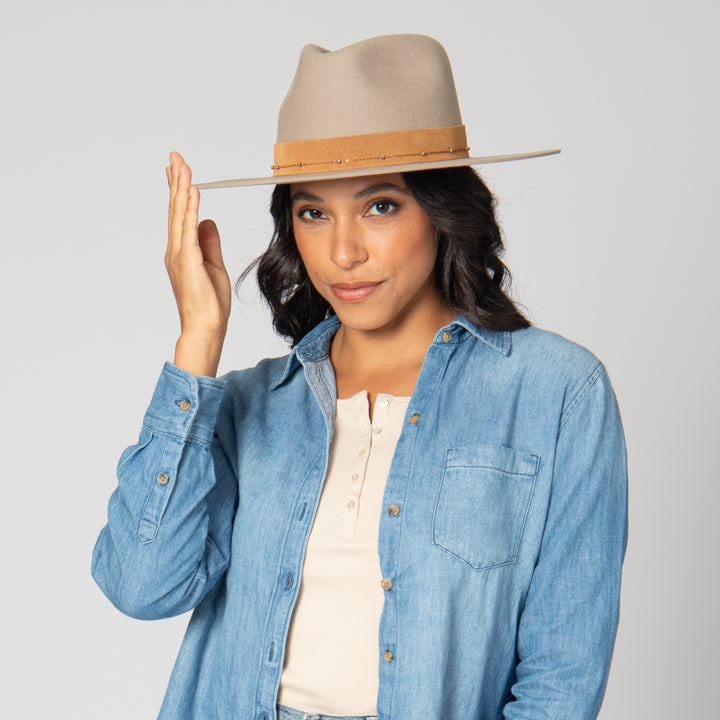 Loretta - Stiff Brim Fedora with Suede Band and Gold Chain (WFH8251)