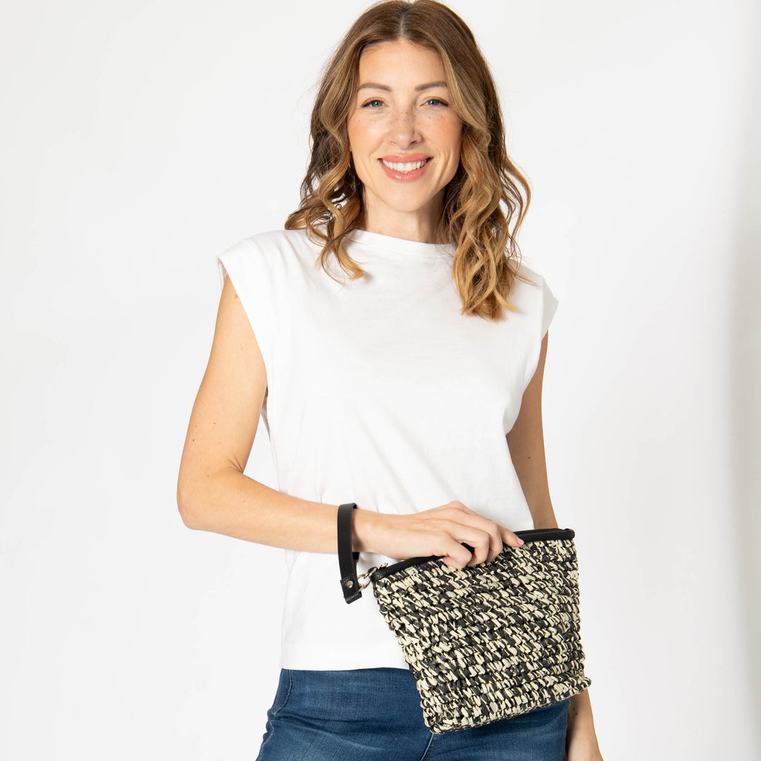 Julia - Black and White Zip Top Clutch