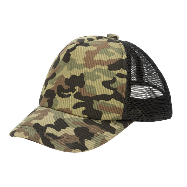 Camo Cut &amp; Sew Trucker Hat with All Over Camo Print and Mesh Backing