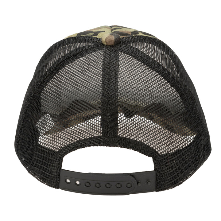 Camo Cut &amp; Sew Trucker Hat with All Over Camo Print and Mesh Backing
