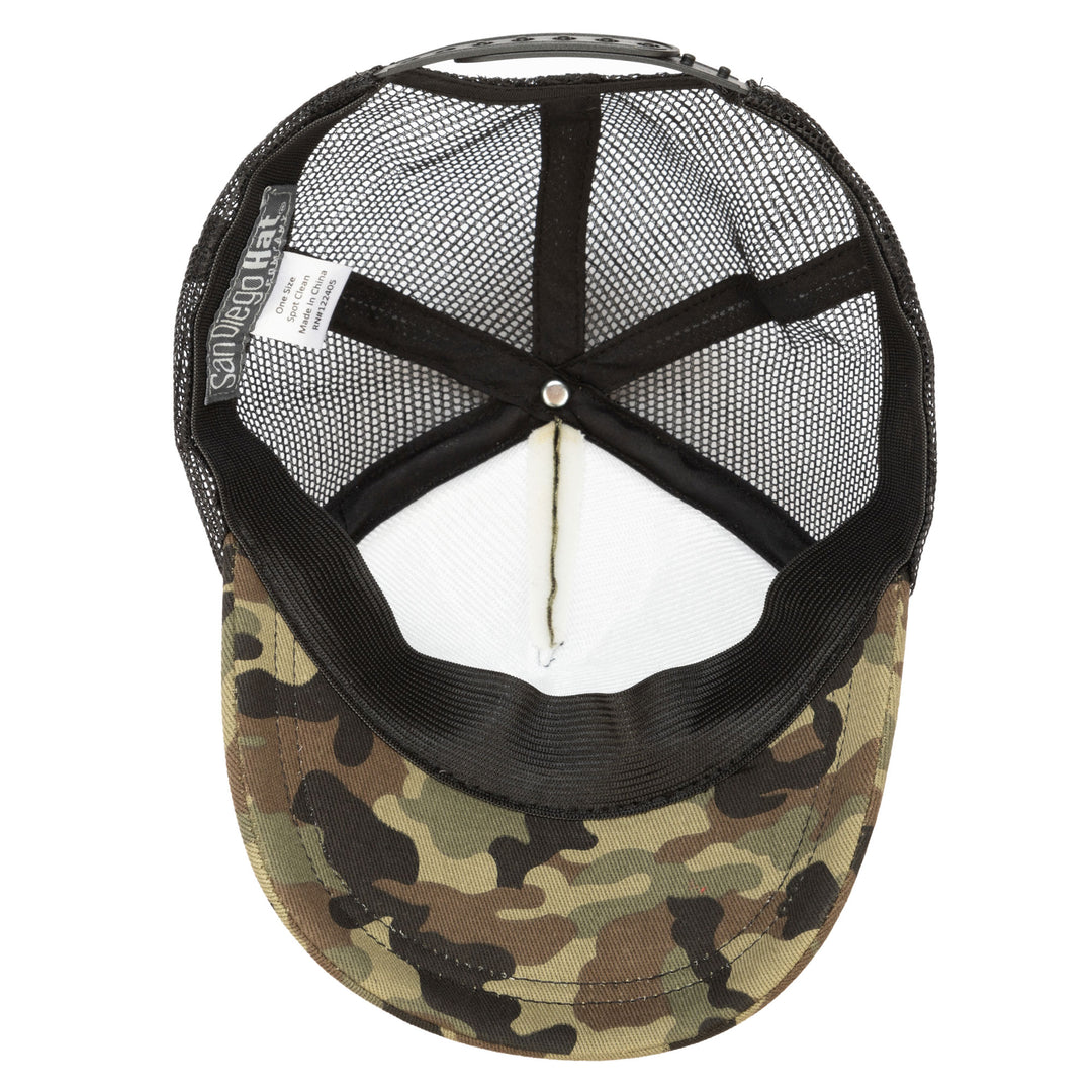 Camo Cut &amp; Sew Trucker Hat with All Over Camo Print and Mesh Backing