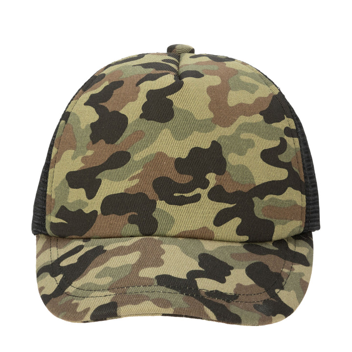 Camo Cut &amp; Sew Trucker Hat with All Over Camo Print and Mesh Backing