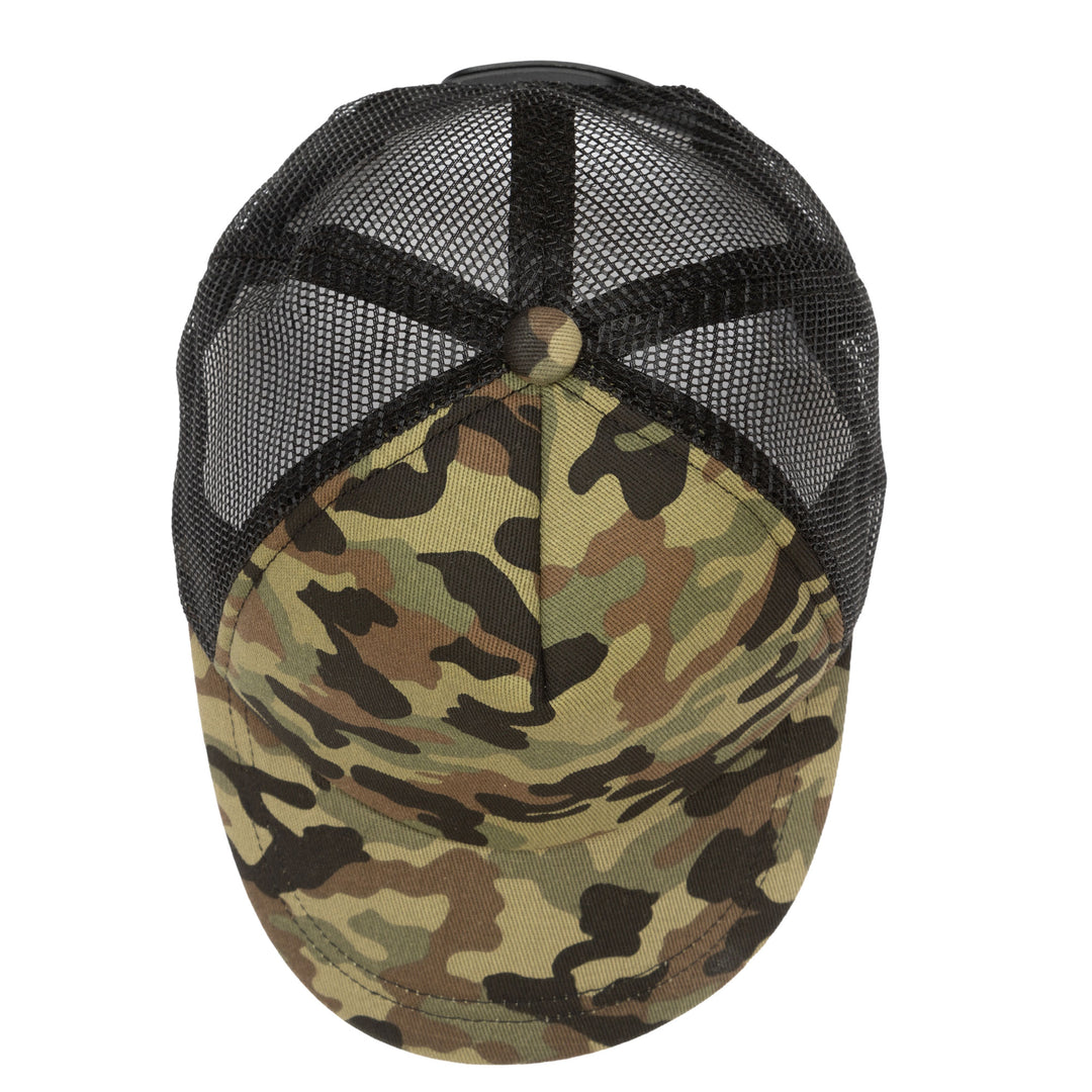 Camo Cut &amp; Sew Trucker Hat with All Over Camo Print and Mesh Backing