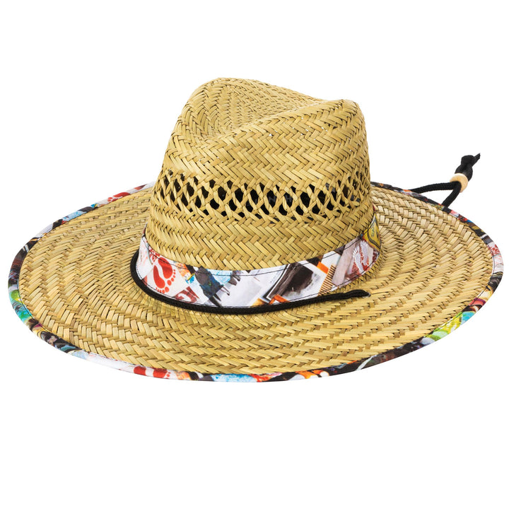 Hang Ten Straw Lifeguard Hat with Collage Printed Under-Brim and Chin Cord - HTL0005