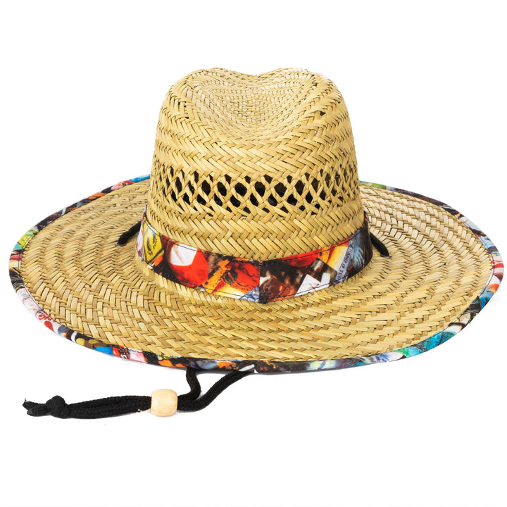 Hang Ten Straw Lifeguard Hat with Collage Printed Under-Brim and Chin Cord - HTL0005