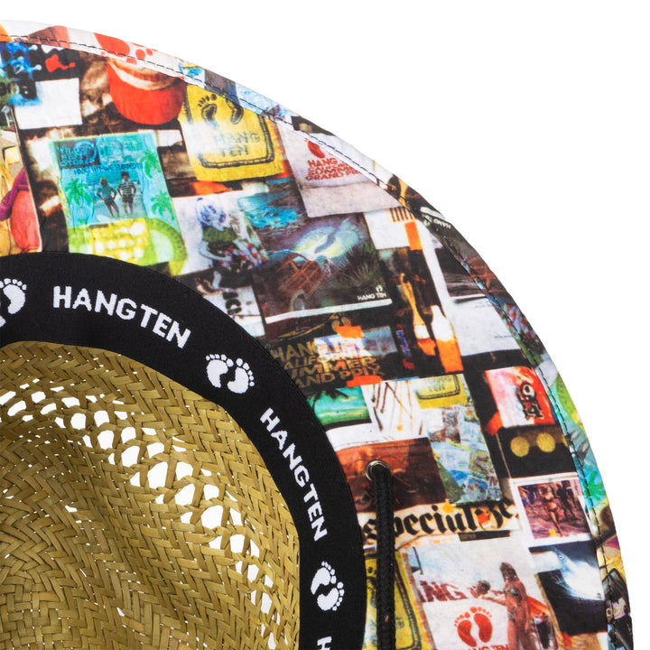 Hang Ten Straw Lifeguard Hat with Collage Printed Under-Brim and Chin Cord - HTL0005