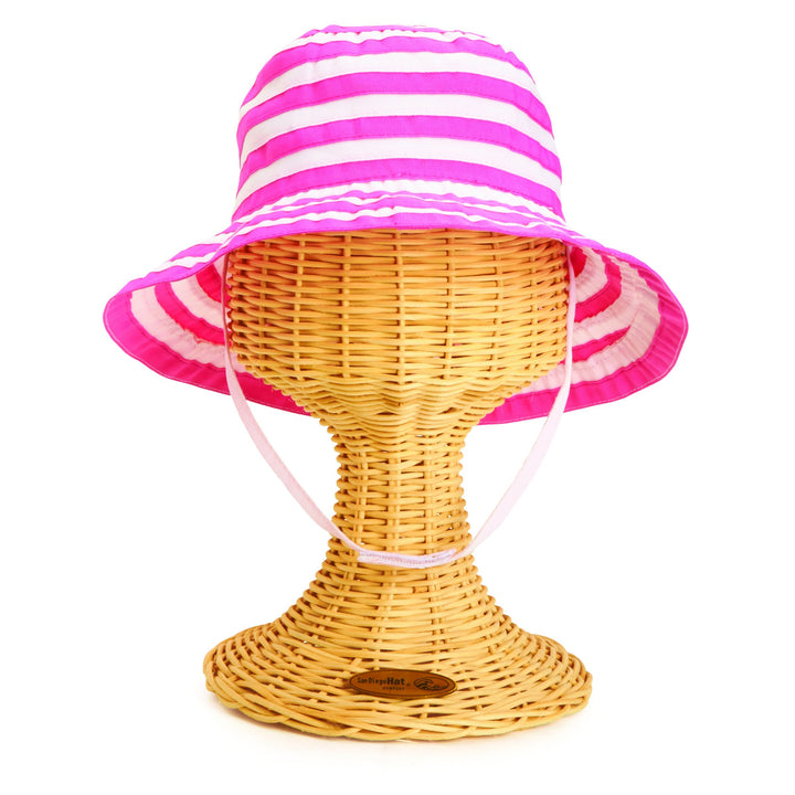 Kids Striped Ribbon Bucket Hat With Chin Strap (RBK3082)