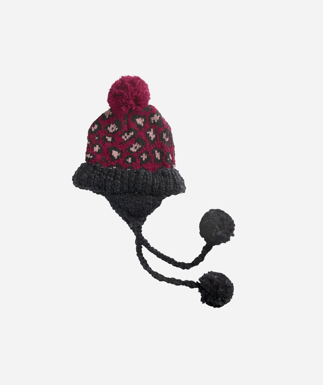 Hats - Womens Knit Leopard Beanie Trapper With Poms