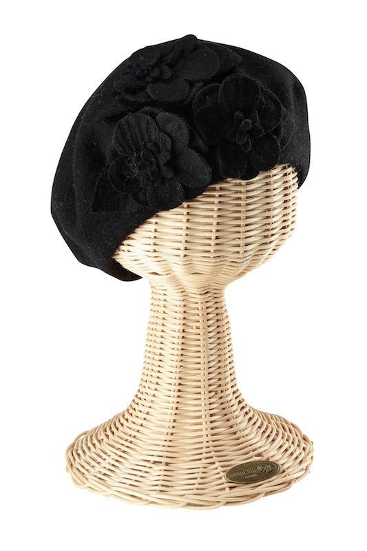 Hats - Womens Wool Beret With Flowers-Black-One Size
