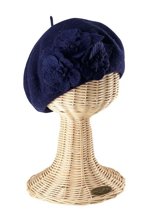 Hats - Womens Wool Beret With Flowers-Black-One Size