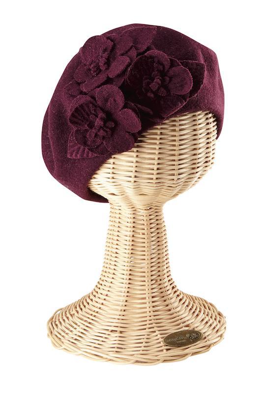 Hats - Womens Wool Beret With Flowers-Black-One Size