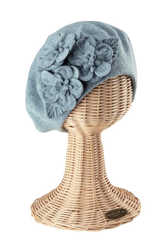 Hats - Womens Wool Beret With Flowers-Black-One Size