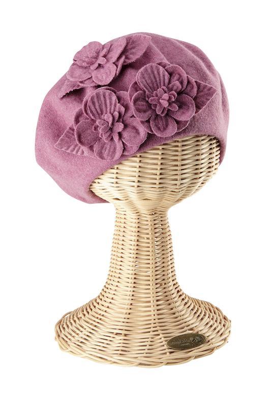 Hats - Womens Wool Beret With Flowers-Black-One Size