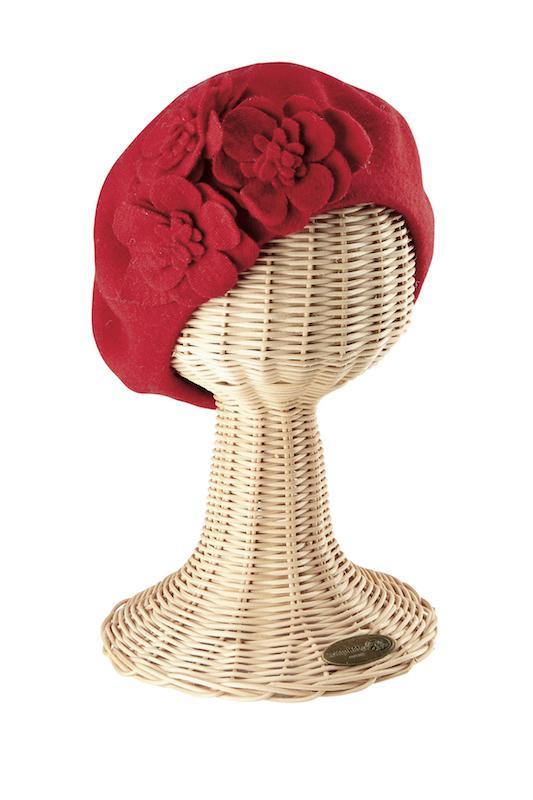 Hats - Womens Wool Beret With Flowers-Black-One Size