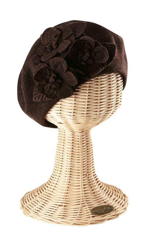 Hats - Womens Wool Beret With Flowers-Black-One Size